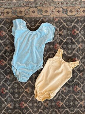Little girls ballet leotards, yellow light blue, dance class